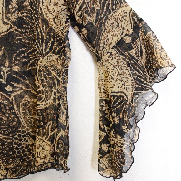 Womens Top Large Flared Ruffle‎ Tan Black Paisley Blouse Boho Hippie - Picture 10 of 12